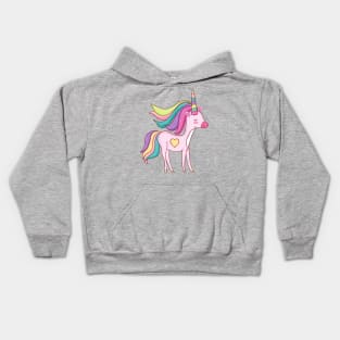 Cute Little Unicorn With Heart, Line Drawing White, Pink, Purple, Green & Yellow Kids Hoodie